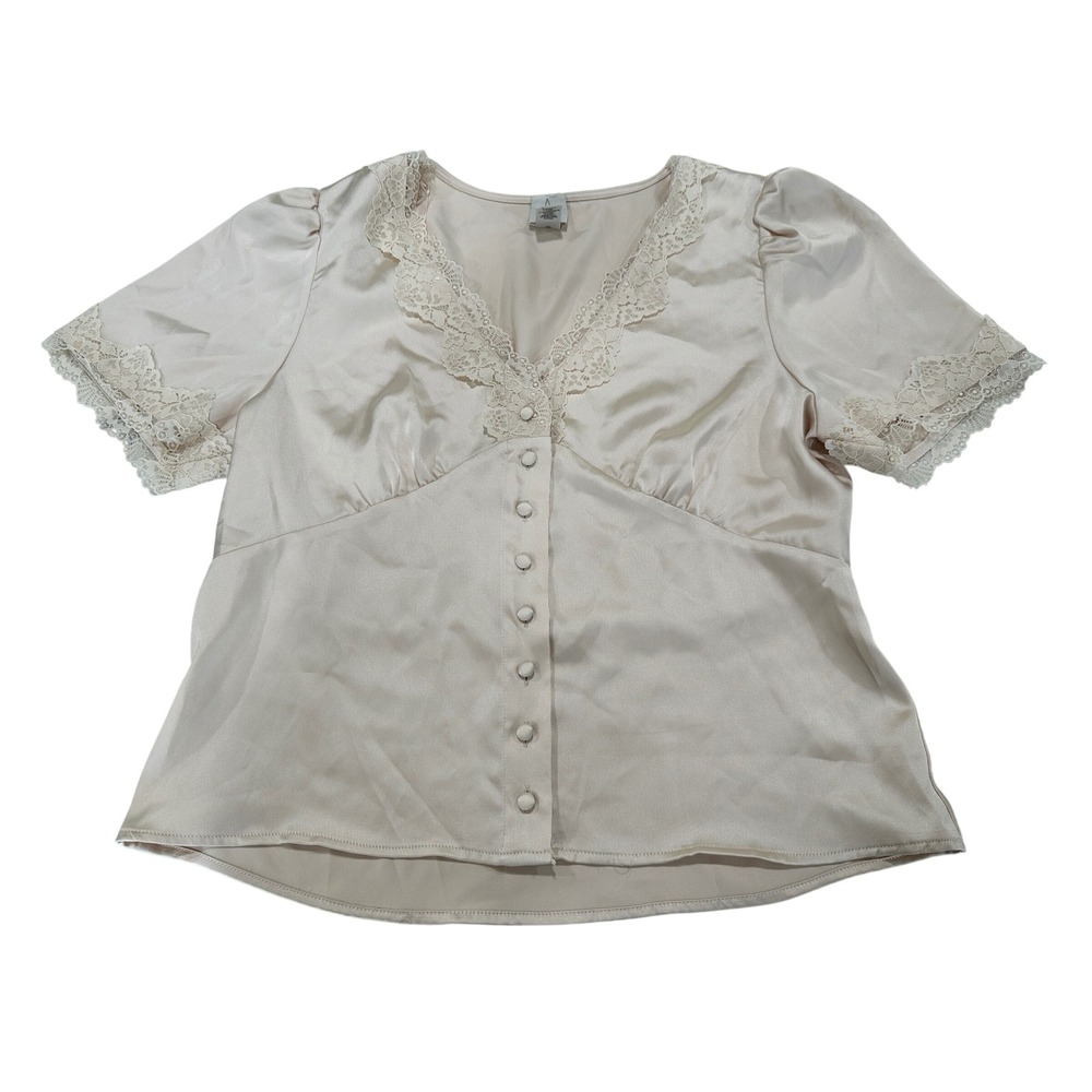 Joie Champagne Satin Lace Trim Button Front Blouse Top Beige Women Large